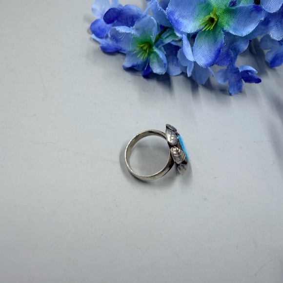 Vintage Navajo Silver and Blue Turquoise Teardrop Ring Size 7 - Picture 5 of 6